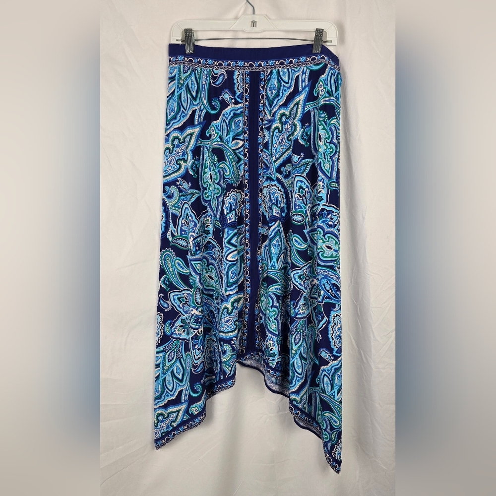 INC International Concepts Paisley Blue Pull-on Shark Bite Midi Skirt sz L